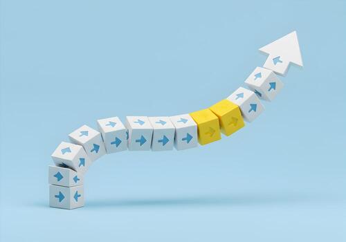 Abstract 3D rendering of upward trending arrows forming an upward curve symbolizing growth progress and success against a light blue background The yellow cubes highlight a key turning point in achiev photo