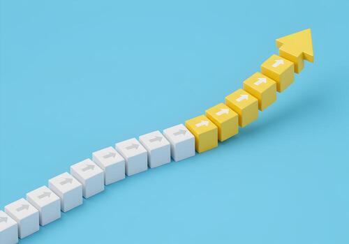 Abstract 3D rendering of yellow blocks forming an upward arrow symbolizing growth progress and success against a light blue background This image represents concepts of development advancement and ach photo