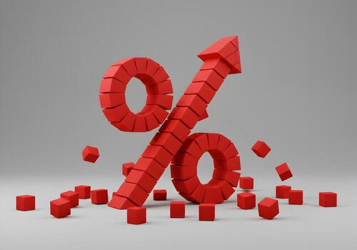 Red Percentage Symbol Ascending as Arrow Constructed of Blocks on Neutral Background Symbolizing Growth and Increase photo