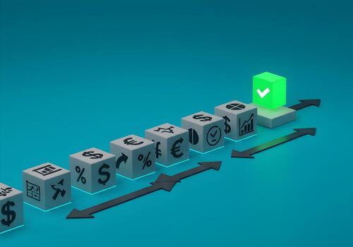 Abstract 3D rendering of financial growth and success Cubes with currency symbols and financial icons progressing towards a green checkmark cube symbolizing achieving financial goals and milestones on photo