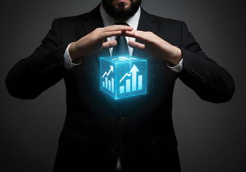 Businessman in a suit presenting a glowing cube with upward trending graphs symbolizing growth success and positive financial future The image conveys concepts of progress achievement and strategic pl photo