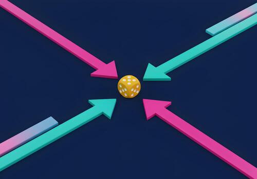 Golden Dice at a Crossroads Four Arrows Pointing in Different Directions Symbolizing Choices Decisions and Uncertain Future Paths Abstract 3D Rendering of a Conceptual Image photo