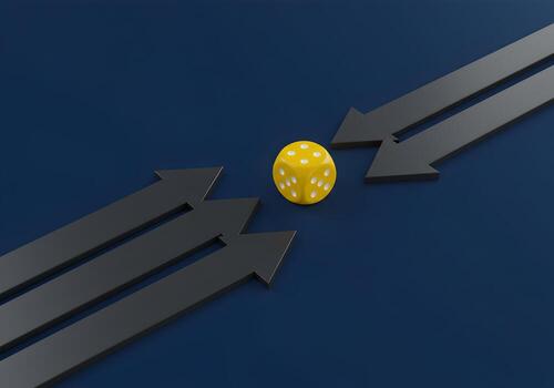 Yellow Dice Between Three Diverging Black Arrows on a Dark Blue Background Symbolizing Choice Risk and the Uncertainty of Multiple Paths Ahead photo