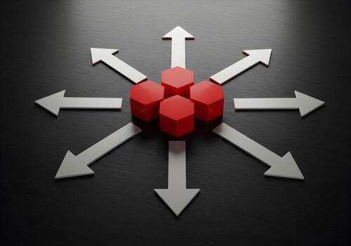 Red Hexagons Showing Multiple Directions on a Dark Surface Concept of Strategic Choices Diversification and Growth Opportunities in Business and Marketing photo