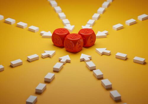 Tres rojo dado con dólar y grafico símbolos a el centrar de múltiple divergente blanco flechas en un amarillo antecedentes simbolizando múltiple financiero oportunidades y estratégico Toma de decisiones procesos foto