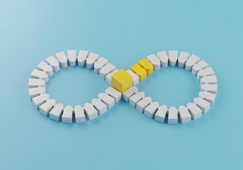 resumen 3d representación de blanco y amarillo bloques formando un infinito símbolo en un ligero azul antecedentes simbolizando interminable posibilidades continuo crecimiento y cíclico procesos foto