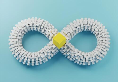 Abstract 3D rendering of a yellow cube connecting two infinity symbols composed of white blocks against a light blue background symbolizing endless possibilities and connections photo