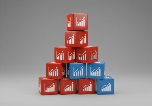 Red and blue cubes with upward trending bar graphs stacked in a pyramid shape against a neutral gray background symbolizing growth success and progress in business and finance photo