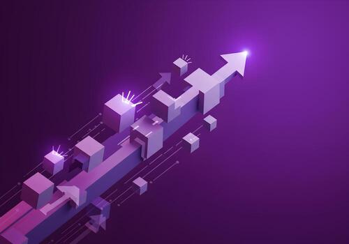 Abstract 3D arrow soaring upward symbolizing growth progress and success in a digital landscape Purple isometric cubes and lines represent data innovation and technology creating a dynamic and futuris photo