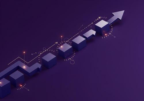 Abstract 3D rendering of ascending cubes symbolizing growth progress and success in a dark purple environment showcasing a futuristic and innovative concept photo