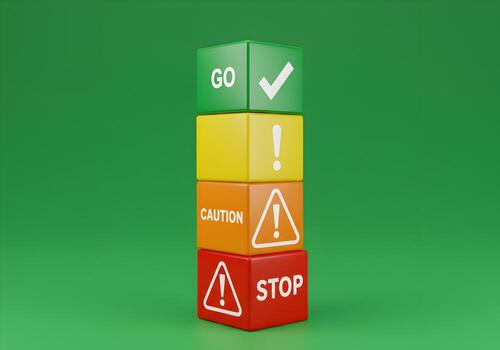 Colorcoded cubes with GO Caution and Stop signs stacked on a green background illustrating a process workflow and risk management photo