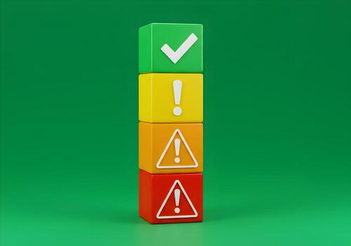 Colorcoded cubes with warning and check marks stacked on green background symbolizing risk assessment and management photo