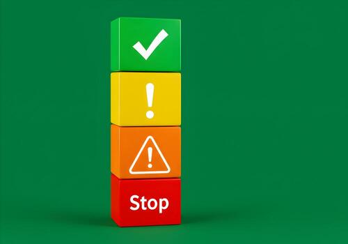Colorcoded cubes with checkmark exclamation points and stop sign stacked on green background illustrating risk management safety procedures and process control photo