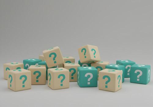 Multiple question mark cubes scattered on a neutral background representing uncertainty doubt questions and the search for answers The image is ideal for concepts related to problemsolving decisionmak photo