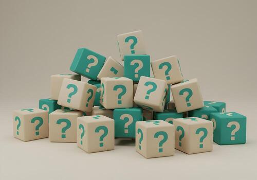Many question mark cubes piled up together on a neutral background symbolizing uncertainty doubt and the search for answers photo