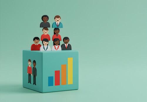 Diverse team of professionals achieving growth and success together represented by colorful 3D figures on a teal cube with an upward trending bar graph symbolizing teamwork collaboration and progress photo