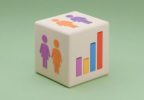 Abstract 3D rendering of women icons and an upward trending bar graph symbolizing growth and progress of female workforce presented on a pastel cube against a soft green background This image is perfe photo