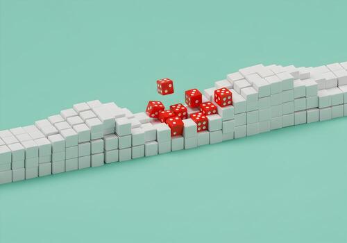 Red dice breaking a white cube wall structure conceptual image of disruption chaos and change in a minimalist setting The image is ideal for illustrating risk vulnerability and the unpredictable natur photo