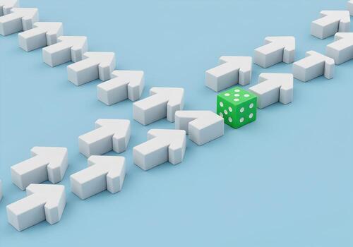 Green die intersecting with white arrows concept of a different choice diverging from the crowd taking a risk or choosing a unique path The image is ideal for illustrating concepts of individuality in photo