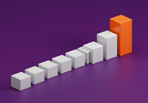 Abstract 3D rendering of white cubes forming an ascending graph with a prominent orange cube signifying growth progress and success on a purple background photo