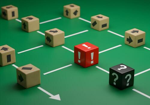 rojo y negro cubitos con exclamación y pregunta marcas navegando un camino en un verde superficie simbolizando Toma de decisiones y incertidumbre en un estratégico planificación proceso foto