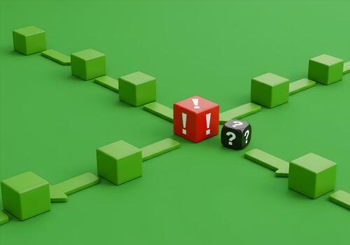 Red and black cubes with exclamation and question marks on green path background representing choices decisions and uncertainty in a business or life journey The image evokes a sense of challenge risk photo