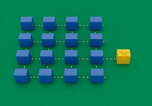 Abstract 3D rendering of a network with a single outlier cube symbolizing disruption innovation or a unique solution Blue cubes are connected while a yellow cube stands apart representing difference a photo