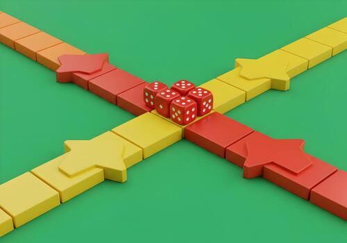 Red dice at a crossroads on a board game symbolizing decisionmaking strategy and the concept of choosing the right path to success The image features four paths each with arrows pointing to different photo