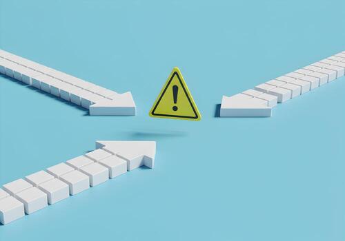 Three white arrows pointing in different directions with a yellow warning triangle in the center symbolizing a critical decision or important choice with potential risks and consequences photo