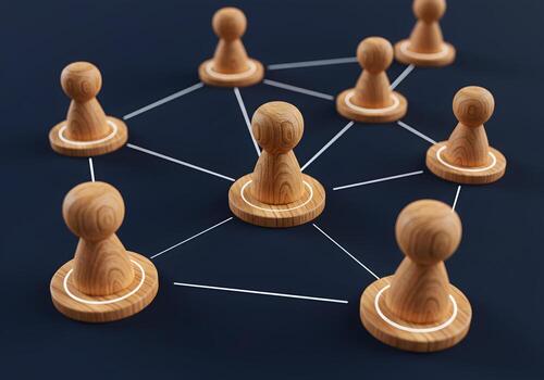 Wooden Figurines Forming a Network on Dark Background Conceptual Image for Teamwork Collaboration and Connection photo