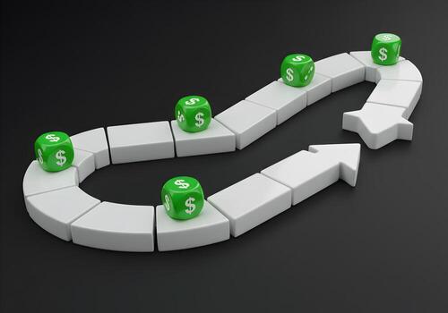 Green dollar dice moving along a circular white track symbolizing the continuous cycle of money and finance set against a dark background representing the continuous flow of wealth and financial stabi photo