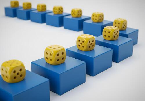 Yellow Dice on Blue Cubes Representing a Sequence of Steps a Path to Success or a Random Chance in a Minimalist Setting The image evokes concepts of strategic planning calculated risk and game theory photo