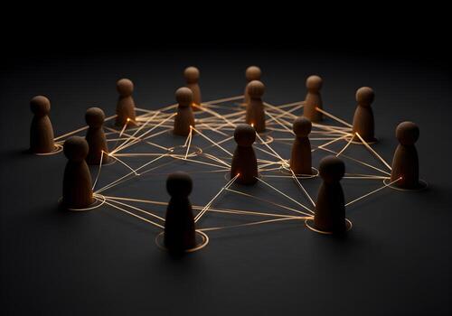Wooden Figures Interconnected in a Network Symbolizing Global Communication and Teamwork in a Dark Setting photo