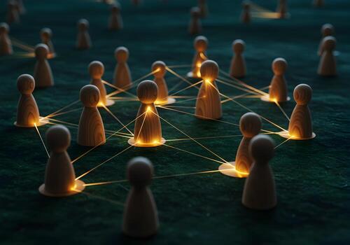 Wooden figures interconnected by glowing lines symbolizing a network community or global connection on a dark green background representing concepts of communication teamwork and collaboration photo