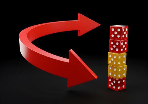 rojo flecha bucle alrededor un apilar de rojo y oro dado en un negro antecedentes simbolizando cíclico procesos oportunidad y riesgo en negocio o juego foto