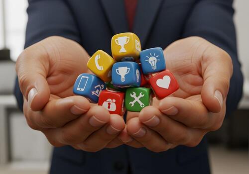 Businessman Holding Colorful App Icons on Cubes Symbolizing Innovation and Success in a Modern Office Setting The image depicts a diverse range of app functionalities including communication idea gene photo