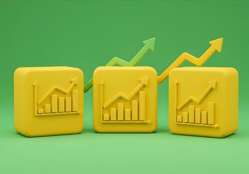 Three yellow cubes with upward trending bar graphs and rising arrows symbolizing growth success and financial increase against a green background This 3D render represents progress development and pos photo