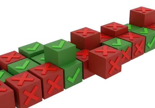 Green and red cubes with checkmarks and crosses signifying decisionmaking process success and failure right and wrong choices arranged in a dynamic composition to represent a complex decisionmaking pr photo