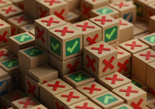 Abstract 3D rendering of cardboard cubes with red crosses and green checkmarks symbolizing decisionmaking success and failure in a business or project management context The image evokes concepts of r photo