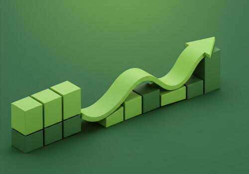 Abstract 3D rendering of a green upward arrow curving above a bar graph symbolizing growth progress and financial success against a green background Ideal for illustrating concepts related to sustaina photo