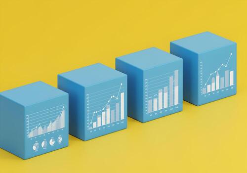 Blue Cubes Displaying Upward Trending Graphs and Charts on Yellow Background Growth Success and Financial Data Visualization Concept photo