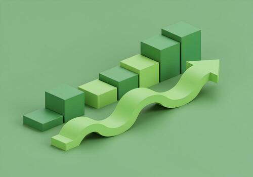 Abstract 3D rendering of a green upward arrow and bar graph symbolizing growth progress and success on a green background Ideal for illustrating concepts of financial success business growth or sustai photo