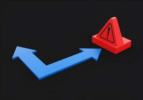 Blue Arrow Changing Direction to Avoid Red Warning Triangle Sign on Black Background Concept of Risk Management DecisionMaking and Problem Solving photo