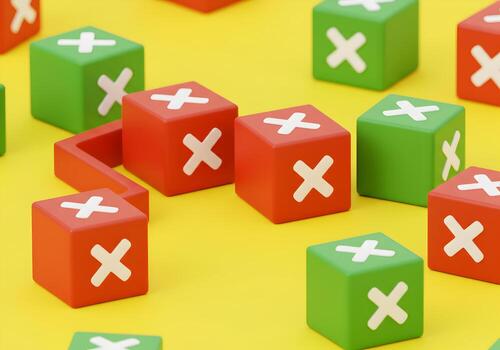 rojo y verde cubitos con X símbolos formando un camino en un amarillo antecedentes representando opciones y Toma de decisiones proceso el concepto es acerca de Derecha o incorrecto opciones y haciendo el correcto elección foto