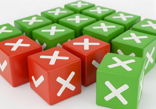 rojo y verde cubitos con X y cheque marcas arreglado en un cuadrícula modelo representando opciones decisiones y el concepto de Derecha y incorrecto o éxito y fracaso el imagen es ideal para ilustrando conce foto