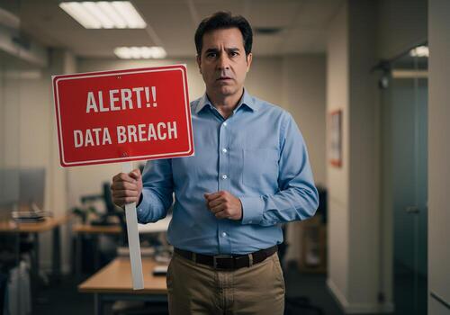 Worried businessman holding a data breach sign in an office announcing a cybersecurity alert The image conveys a sense of urgency and concern related to data protection and privacy photo