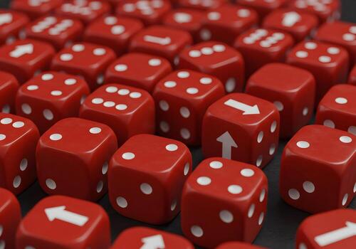 Red Dice with Arrows Pointing Up and Down on a Dark Surface Concept of Choice Decision Making and Opposite Directions photo