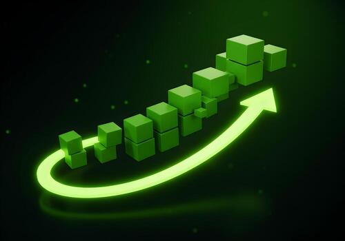 Abstract 3D rendering of green cubes rising along an upward arrow symbolizing growth progress and success in a dark background representing a futuristic and innovative concept photo