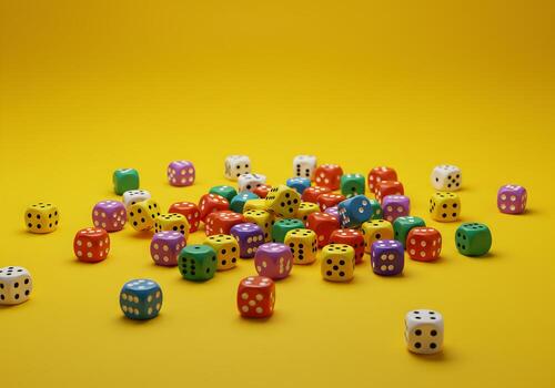 Dice Scattered on Vibrant Yellow Background A Playful Image Representing Chance Luck and Randomness in Games and Life photo
