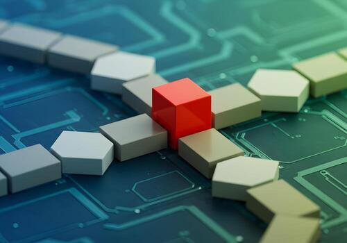 Red cube standing out among gray and white blocks on a circuit board symbolizing leadership innovation and a unique solution in a technological environment photo